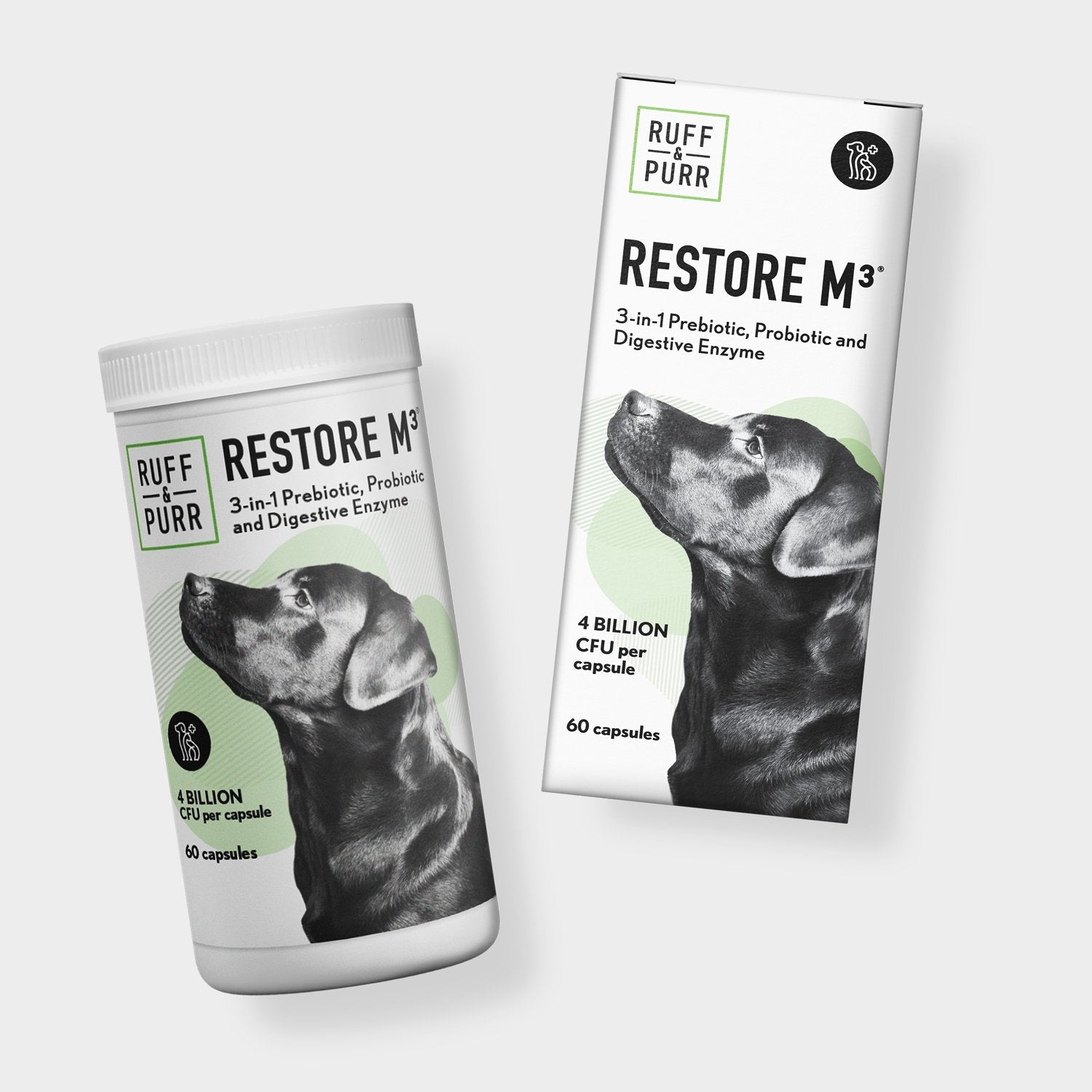 Single Bottle and Single Carton Side by Side of Ruff & Purr's Restore M3®